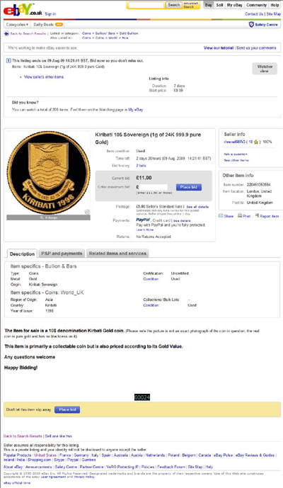 riversd607r3  eBay Listing for Kiribati 10$ Sovereign (1g of 24K 999.9 pure Gold)